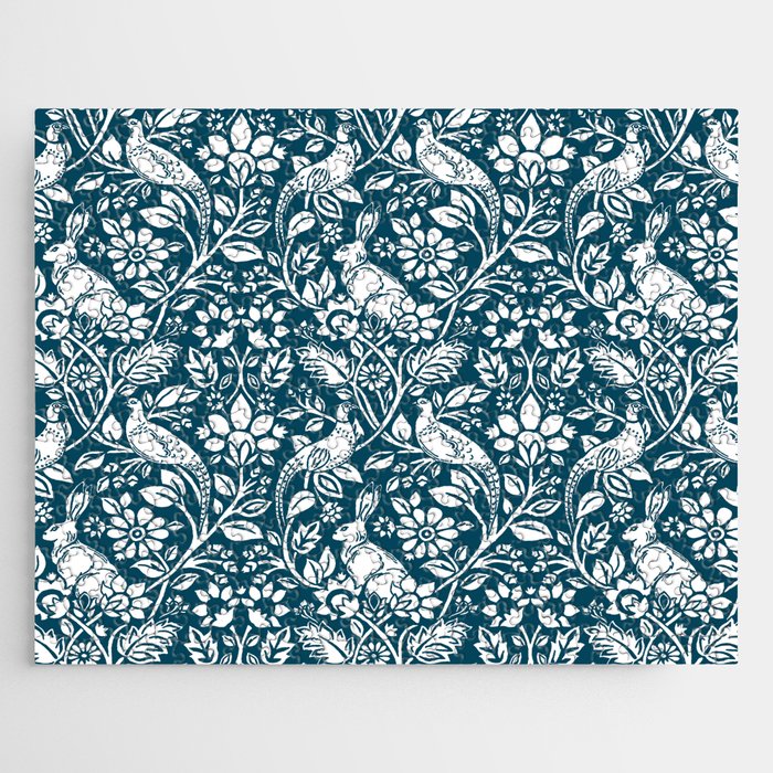 Pheasant and Hare Pattern, Indigo Blue and White Jigsaw Puzzle