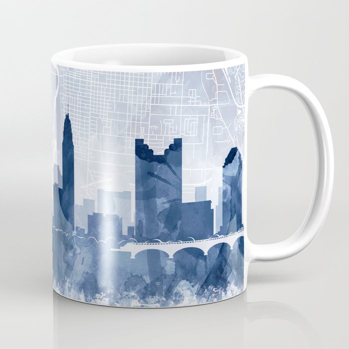 Columbus Skyline & Map Watercolor Navy Blue, Print by Zouzounio Art Coffee Mug