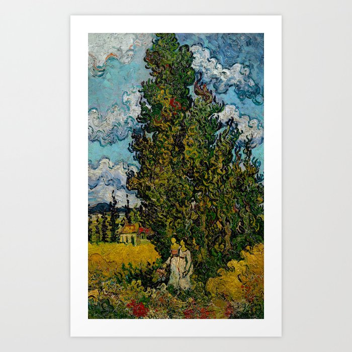 Vincent van Gogh (Dutch, 1853-1890) - Cypresses and Two Women - 1890 - Post-Impressionism - Landscape, genre painting - Oil on canvas - Digitally Enhanced Version - Art Print