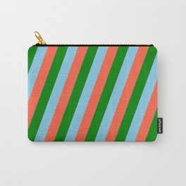 [ Thumbnail: Sky Blue, Red, and Green Colored Stripes Pattern Carry-All Pouch ]
