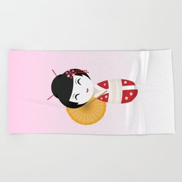 Cute Japanese Geisha in kimono cherry blossom illustration - Pink Beach Towel