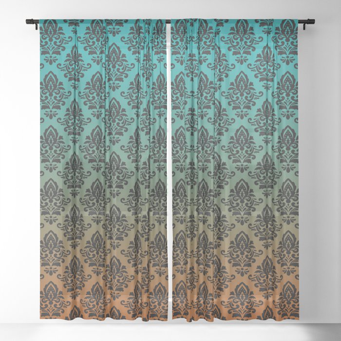 Black damask pattern gradient 8 Sheer Curtain