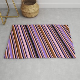 [ Thumbnail: Pink, Brown, Purple & Black Colored Lined Pattern Rug ]