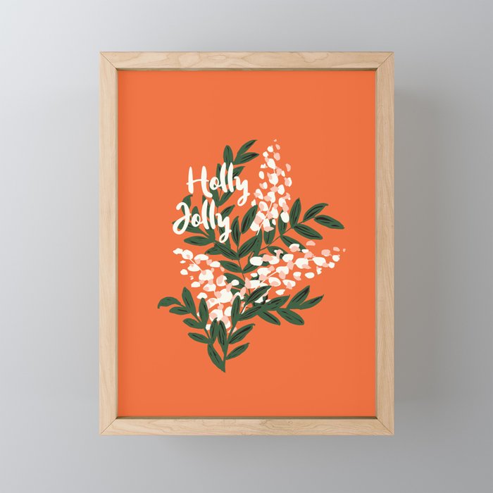 Christmas berry field - bright orange, green pink and white Framed Mini Art Print