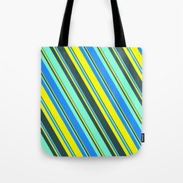 [ Thumbnail: Blue, Yellow, Dark Slate Gray, and Aquamarine Colored Lines Pattern Tote Bag ]