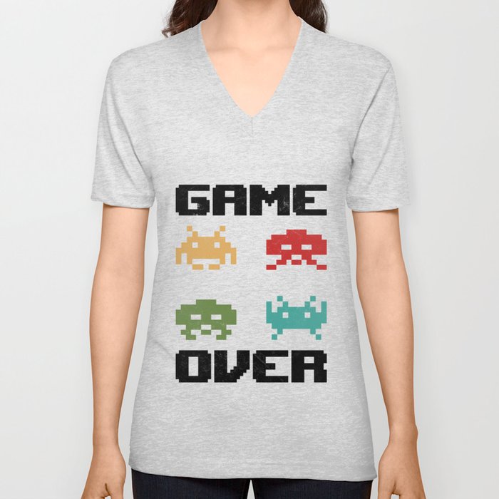 Retro Video Game Over Invaders Gamer Vintage 80s Gaming Gift V Neck T Shirt