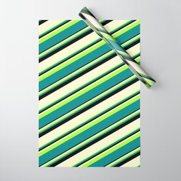 [ Thumbnail: Light Green, Dark Cyan, Black & Light Yellow Colored Striped/Lined Pattern Wrapping Paper ]