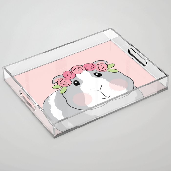 Adorable Grey Guinea Pig with Pink Rosebuds Acrylic Tray