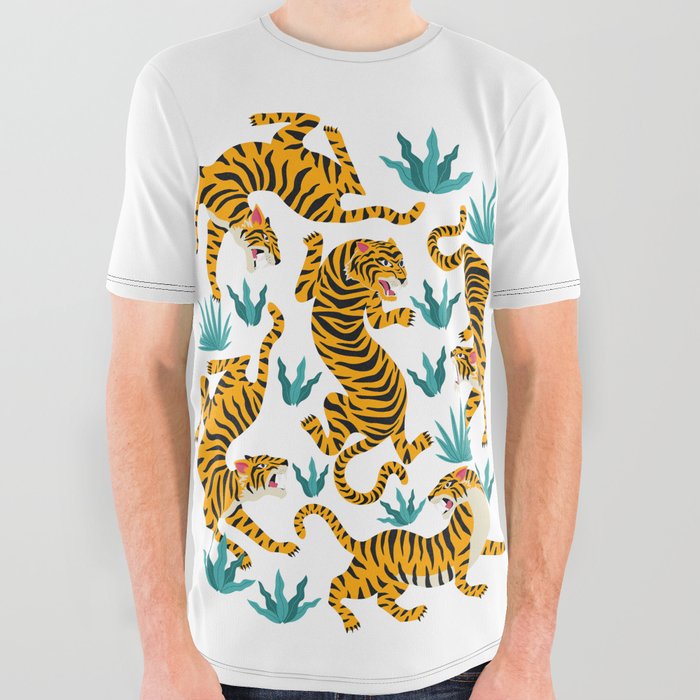 Cute tiger dance in the tropical forest hand drawn illustration All Over Graphic Tee