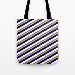 [ Thumbnail: Green, Tan, Dark Blue, and White Colored Stripes/Lines Pattern Tote Bag ]