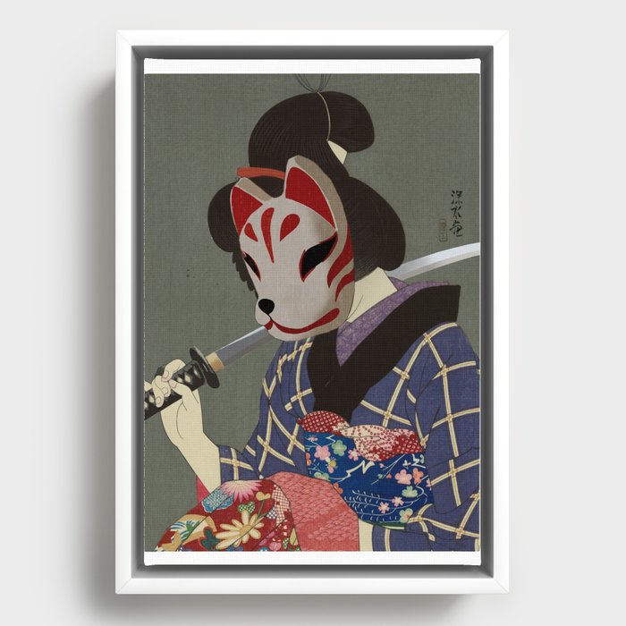 Ukiyo e - Kitsune Samurai With Katana Framed Canvas