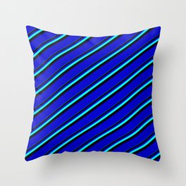 [ Thumbnail: Aqua, Black & Blue Colored Lines/Stripes Pattern Throw Pillow ]