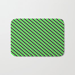 [ Thumbnail: Dark Grey, Lime, Beige, and Black Colored Pattern of Stripes Bath Mat ]