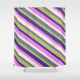 [ Thumbnail: Eyecatching Beige, Slate Gray, Dark Khaki, Dark Slate Blue, and Violet Colored Striped/Lined Pattern Shower Curtain ]
