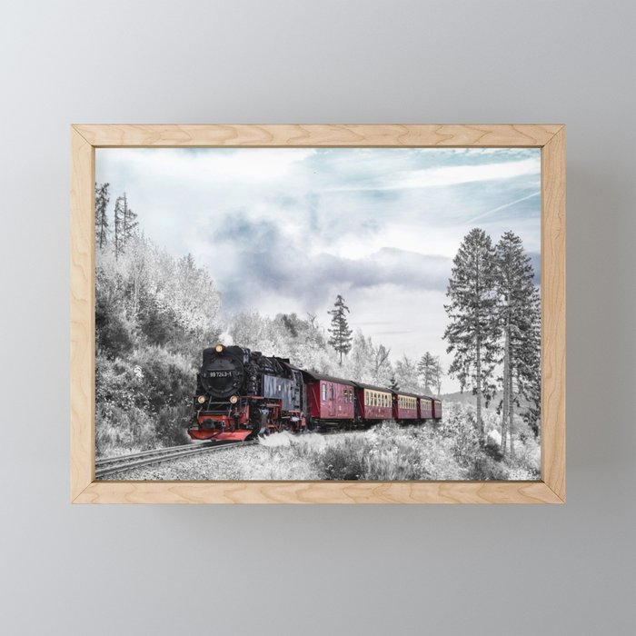 Vintage train,snow,winter art Framed Mini Art Print