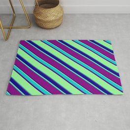 [ Thumbnail: Green, Dark Turquoise, Purple, and Dark Blue Colored Striped Pattern Rug ]