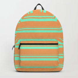 [ Thumbnail: Aquamarine and Brown Colored Lined Pattern Backpack ]