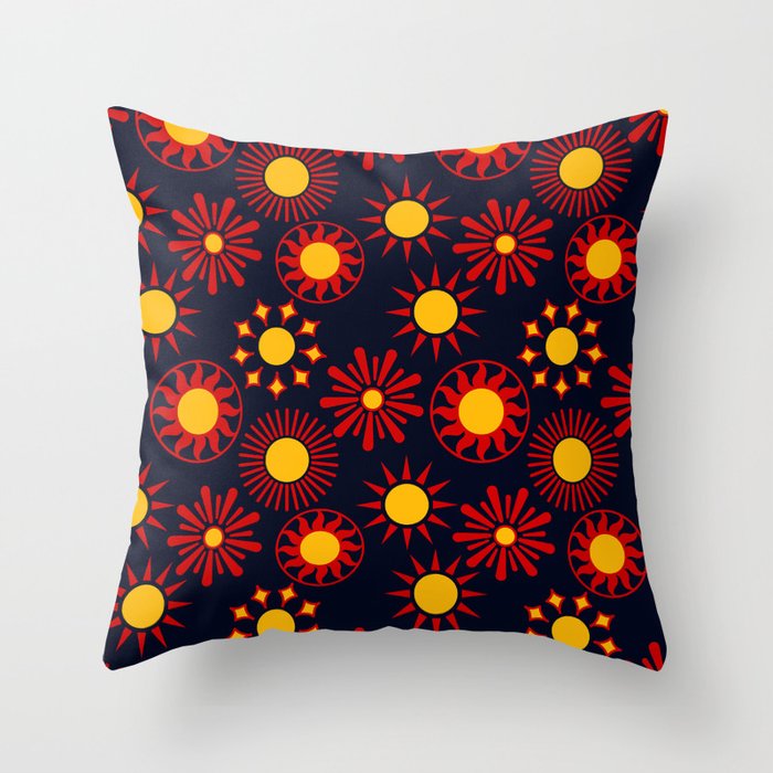 Mid Century Retro Sun Pattern - Blue and Red Throw Pillow