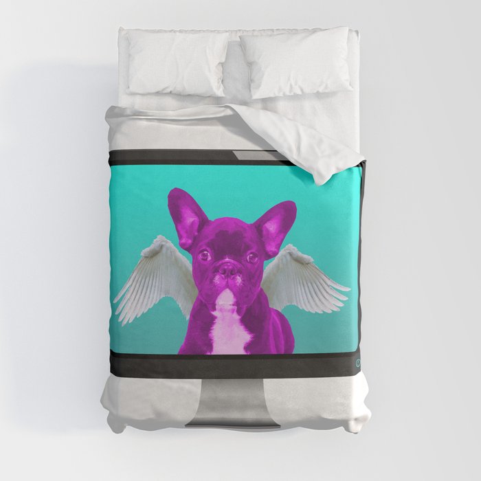 Funny Pink French Bulldog with Angel Wings in Computer Screen Duvet Cover