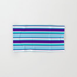 [ Thumbnail: Sky Blue, Dark Turquoise, Indigo & White Colored Lines Pattern Hand & Bath Towel ]