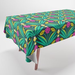Art deco floral pattern in green, pink, and yellow Tablecloth