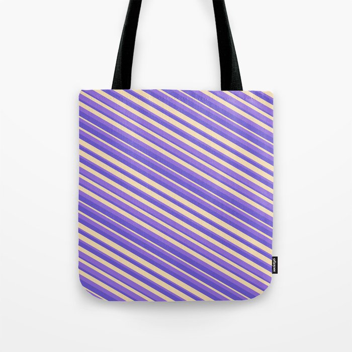 Purple, Slate Blue, and Tan Colored Striped Pattern Tote Bag