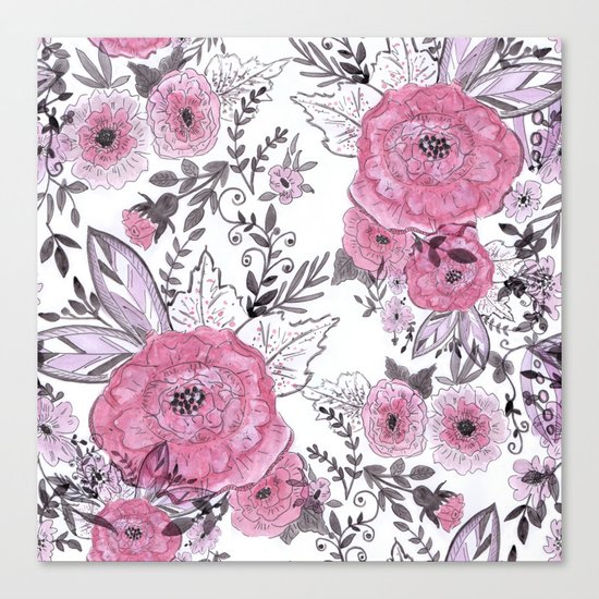 Watercolor roses with black and gray leaves . Canvas Print