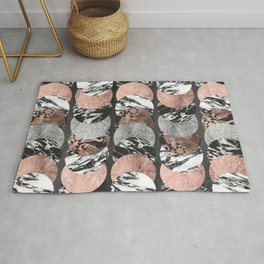 Marble Rose Gold Silver Floral and Black Circles Area & Throw Rug