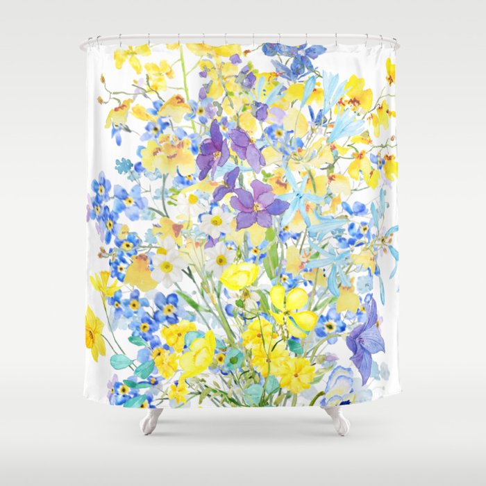 purple blue and yellow flowers bouquet watercolor   Shower Curtain