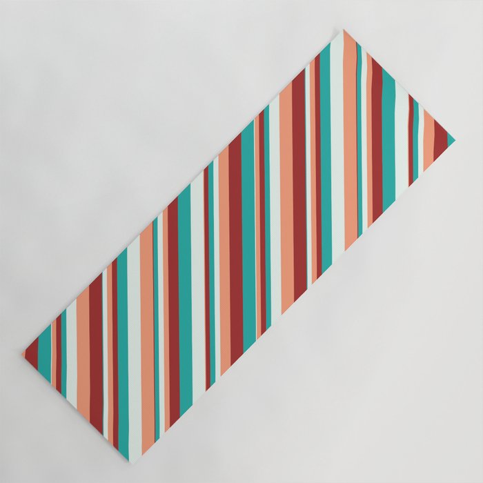 Light Sea Green, Mint Cream, Light Salmon, and Brown Colored Striped Pattern Yoga Mat