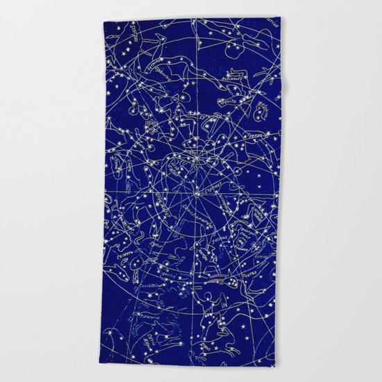 Constellation Stars blue space map on gold marble Beach Towel