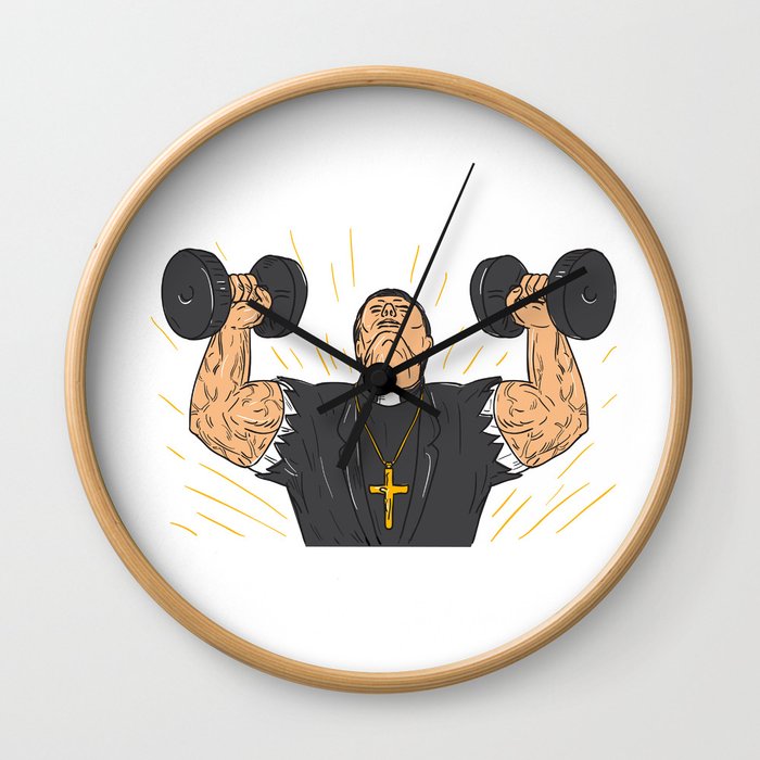 Ripped Priest Exercise Dumbbell Drawing Wall Clock