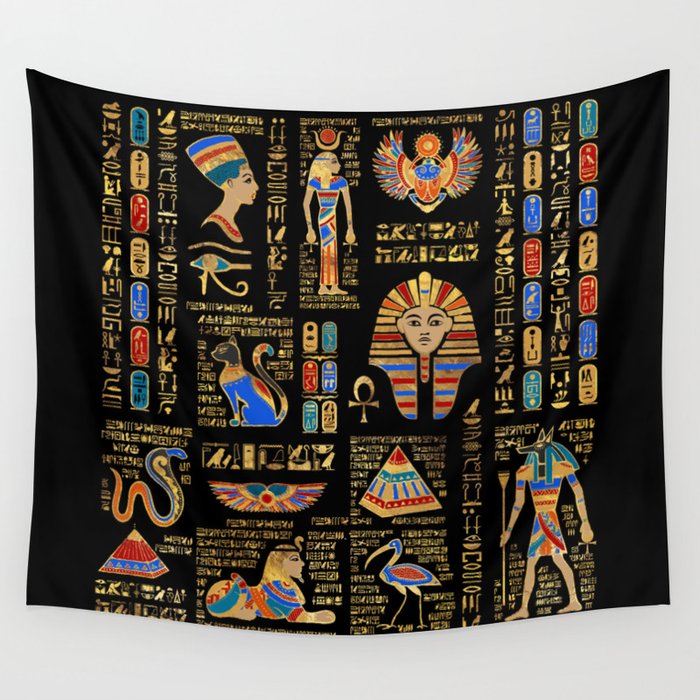 Egyptian hieroglyphs and deities on black Wall Tapestry