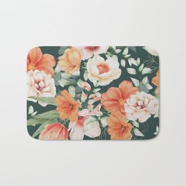 Peach Florals with Painted Speckles on Dark Green Bath Mat