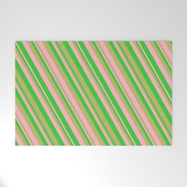 [ Thumbnail: Dark Khaki, Light Pink & Lime Green Colored Lines/Stripes Pattern Welcome Mat ]
