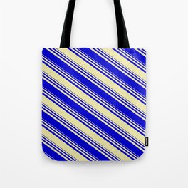[ Thumbnail: Pale Goldenrod & Blue Colored Stripes Pattern Tote Bag ]