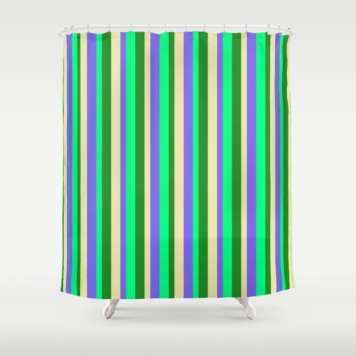 Pale Goldenrod, Medium Slate Blue, Green & Forest Green Colored Lined/Striped Pattern Shower Curtain