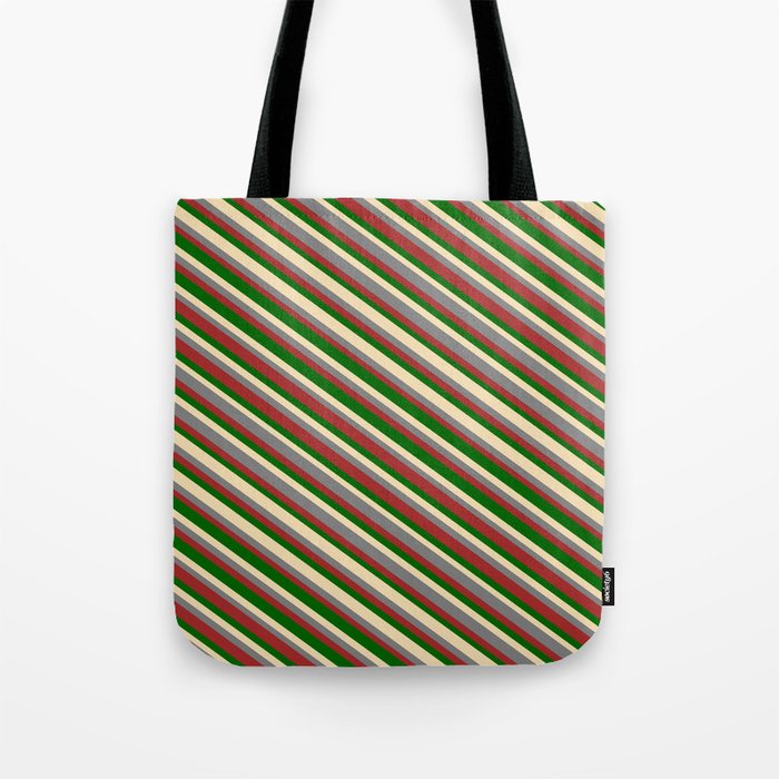 Tan, Gray, Brown & Dark Green Colored Lines/Stripes Pattern Tote Bag
