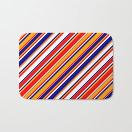 [ Thumbnail: White, Dark Blue, Orange & Red Colored Stripes/Lines Pattern Bath Mat ]