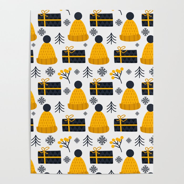 Christmas Pattern Yellow Black Gifts Bell Poster
