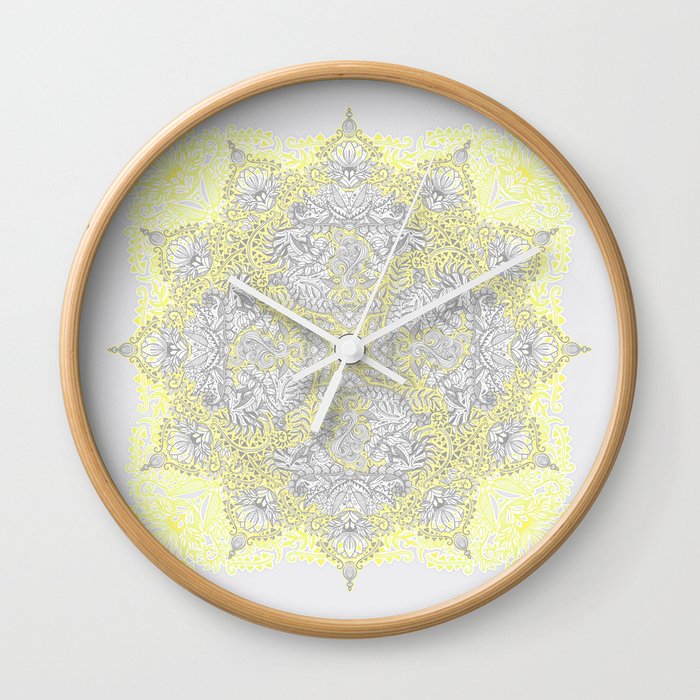 Sunny Doodle Mandala in Yellow & Grey Wall Clock