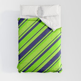 [ Thumbnail: Green, Light Green & Midnight Blue Colored Striped/Lined Pattern Comforter ]