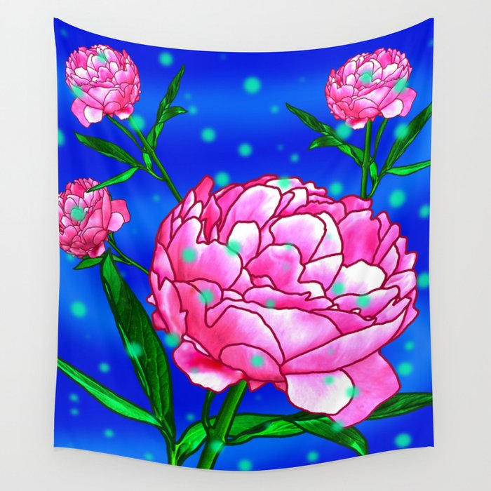 Peony Flowers with Fireflies Wall Tapestry