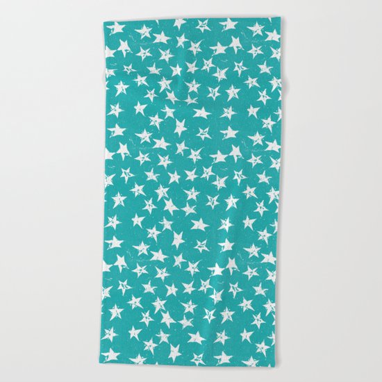 Linocut Stars - Verdigris & White Beach Towel
