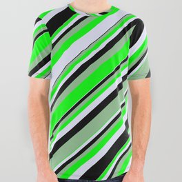 [ Thumbnail: Dark Sea Green, Lime, Lavender, and Black Colored Lines/Stripes Pattern All Over Graphic Tee ]