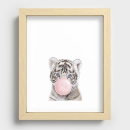 Baby White Tiger Blowing Bubble Gum, Pink Nursery, Baby Animals Art Print by Synplus Recessed Framed Print