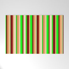[ Thumbnail: Brown, Bisque, Lime & Maroon Colored Pattern of Stripes Welcome Mat ]