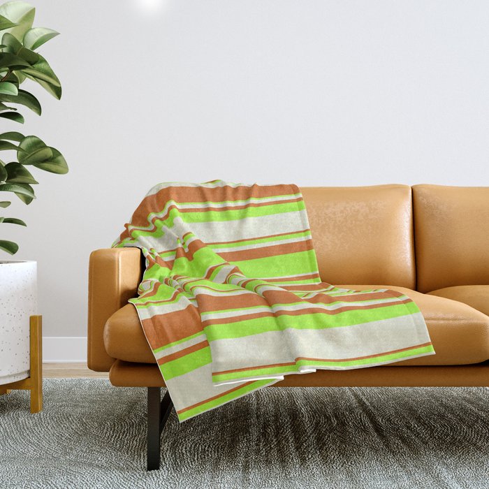 Beige, Chocolate & Light Green Colored Lined/Striped Pattern Throw Blanket