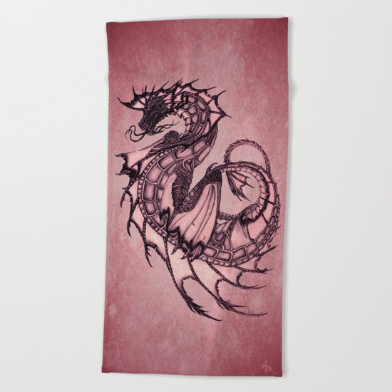 "Tsunami" by Amber Marine ~ Sea Dragon (Ruby Version) ~ Graphite & Charcoal Illustration, (c) 2005 Beach Towel