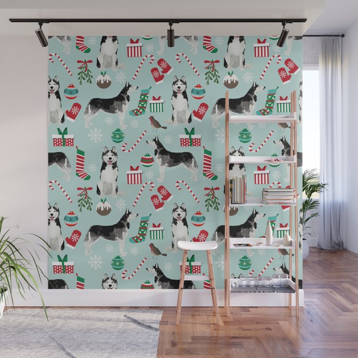 Siberian Husky christmas festive holiday gifts for husky owners by pet friendly Wall Mural